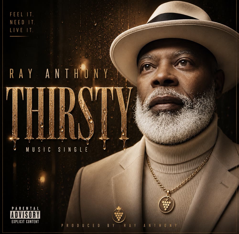 Cover art for Thirsty by Ray Anthony: a man in a cream hat and turtleneck against golden light